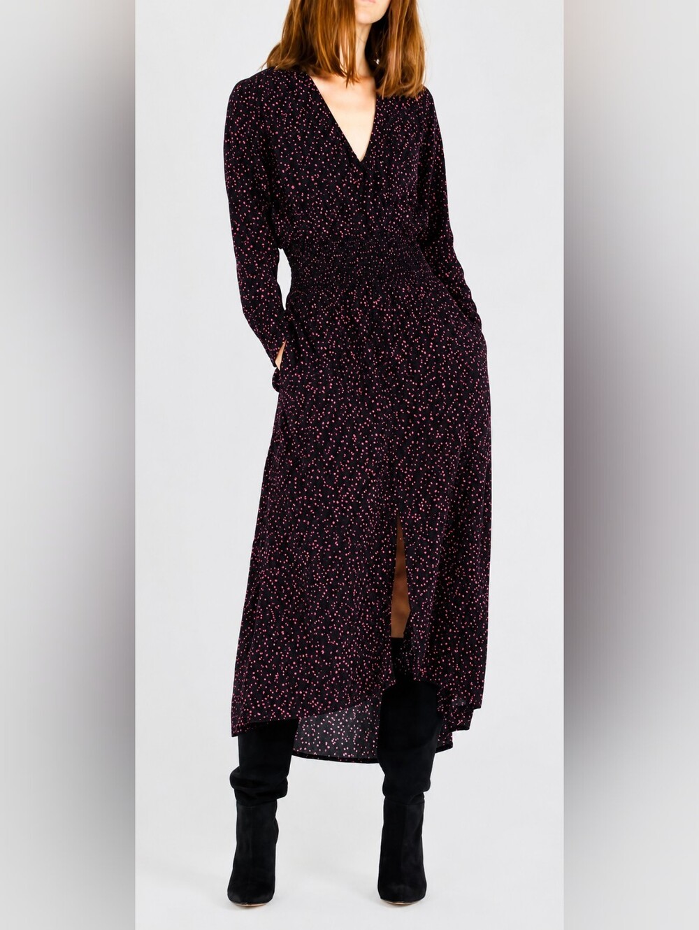 Maje Black Maxi Dress with Pink Dot Print Size 2